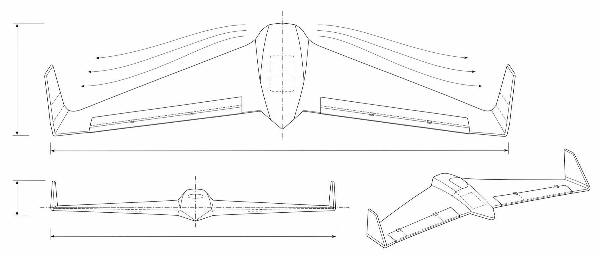 Illustration of a swept flying wing with winglets: plan view with streamlines, front view and isometric view
