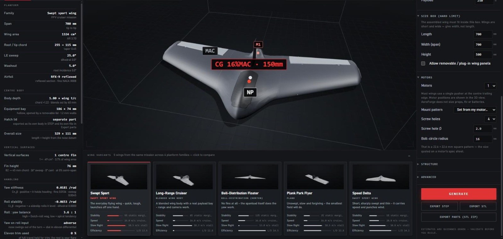 The AeroForge design studio: a spec sheet of solved aerodynamic values, a 3D aircraft view with centre-of-gravity and neutral-point overlays, and a gallery of five generated wing variants