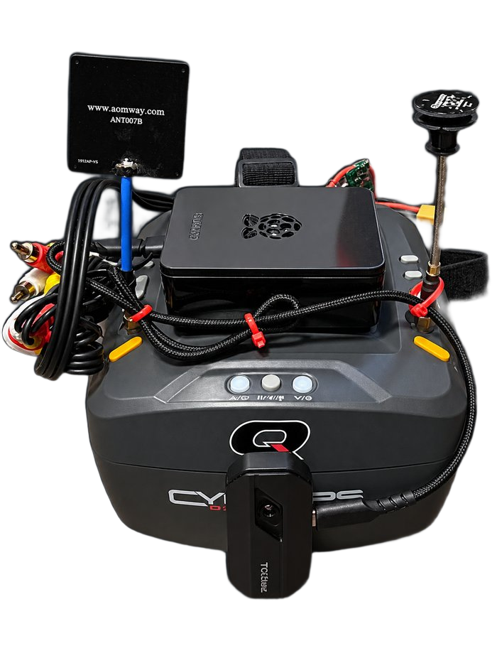 Front view of the finished headset with the Pi and TC001 mounted on the goggles