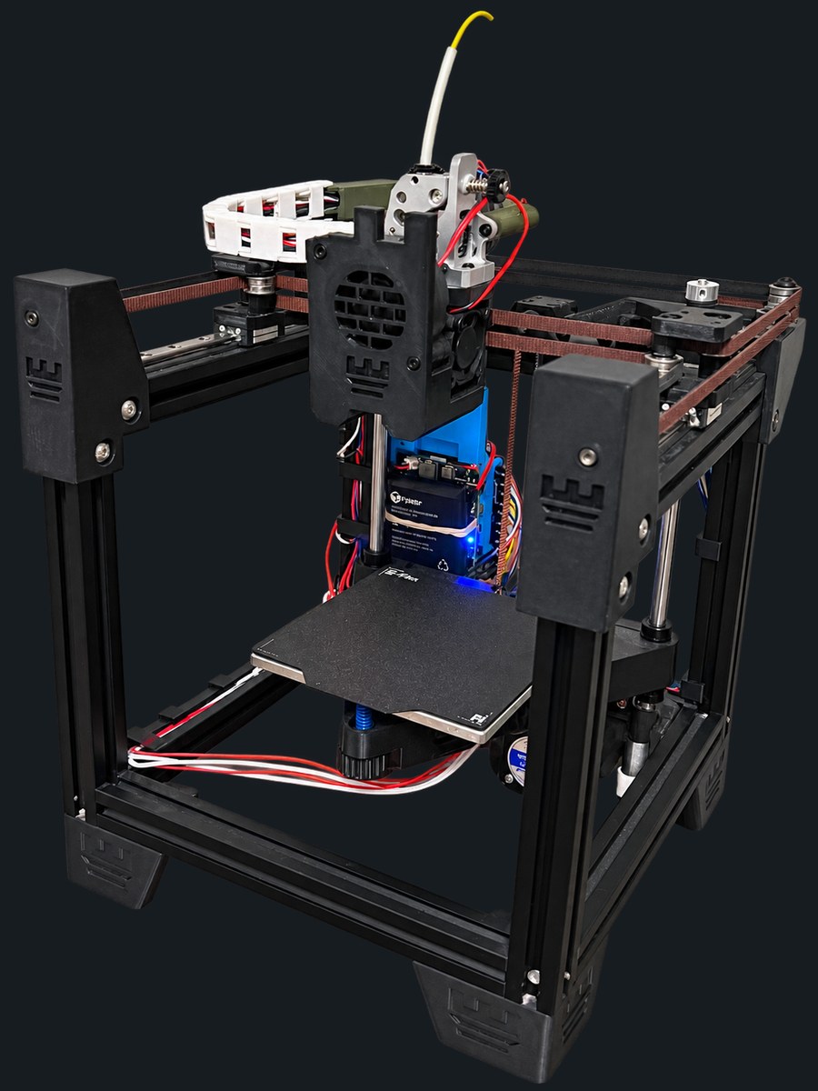 The completed Rook 2020 MK2 CoreXY 3D printer, three-quarter side view with the background removed
